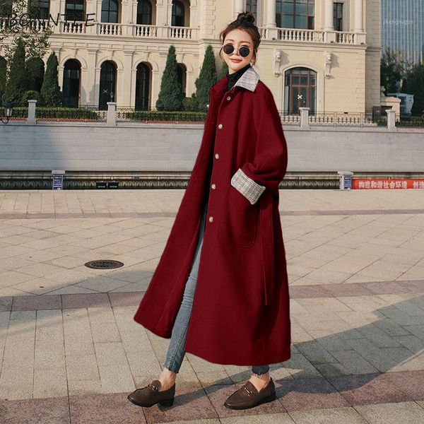 

women's wool & blends women patchwork loose button turn down collar sashes high waist long overcoats french style elegant lady streetwe, Black