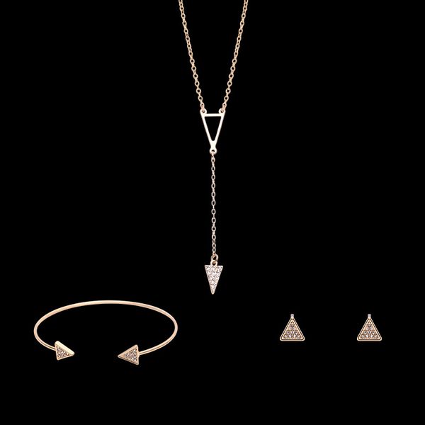 

pave rhinestone triangle geometric trigon y necklaces set adjustable gold women's earrings cuff bracelet jewelry sets for women, Black