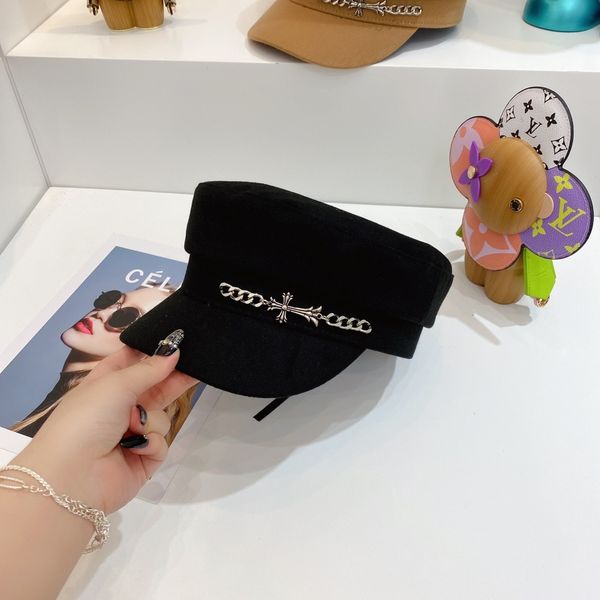 

luxury designers new in autumn and winter female cross chain flat navy fashion versatile octagonal hat c/hrome/hearts, Blue;gray