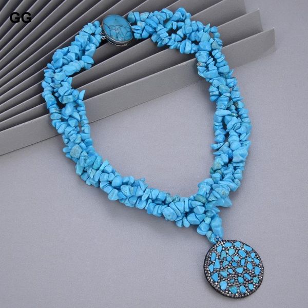 

pendant necklaces guaiguai jewelry 19'' 4 rows faceted blue turquoise chips choker black cz necklace ethnical for women, Silver