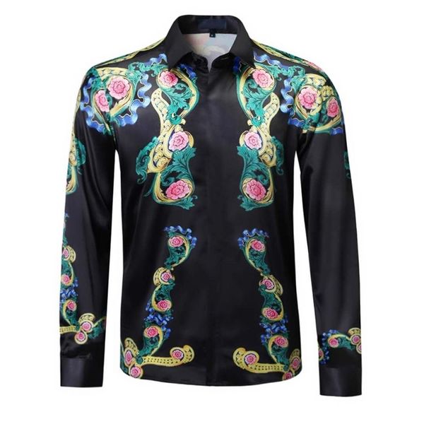 

spring luxury brand flower print long sleeve mens shirts high-quality casual slim fit party prom formal chemises homme 210721, White;black
