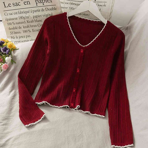 

t-shirts women knitted tees autumn cute button up v-neck solid casual long sleeve for 210518, White
