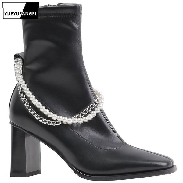 

boots womens elegant square toe high heel ankle fashion office pearl chains white thick luxury winter shoes women, Black