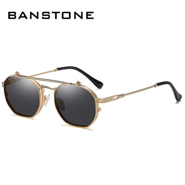 Óculos de sol Banstone Vintage Steampunk Estilo Tint Ocean Lens Metal Flip Up Clamshell Marca Design Sun Óculos