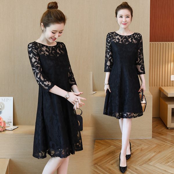 

autumn fashion elegant round neck knee-length a-line cocktail dress 7-point sleeve lace stitching vintage floral print women dresses, Black