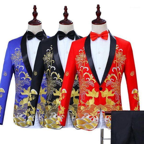 

men's suits & blazers chinese style groom suit costumes single breasted two piece set coat pant blue red black white men, White;black