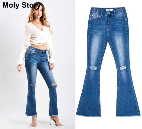 

women's jeans vintage fringe flare ripped high waisted stretch skinny femme wide leg denim pants women, Blue