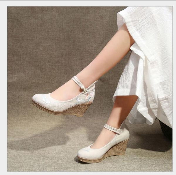 

dress shoes 2021 spring and autumn vintage linen embroidered cloth with soft sole wedge heel 7cm for women, Black