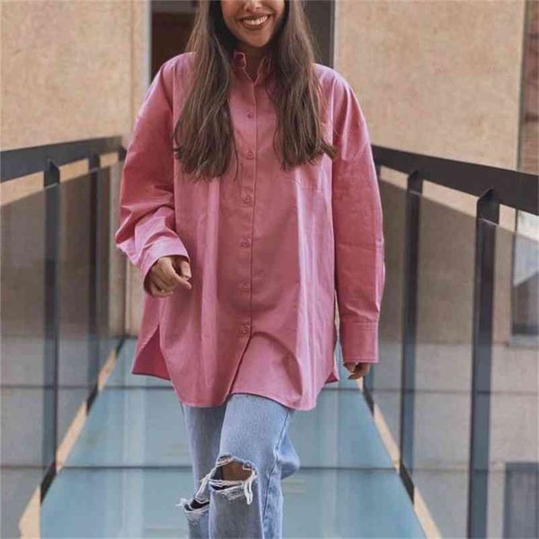 

casual woman pink loose cotton shirt spring fashion ladies oversized solid s streetwear long sleeve 210515, White