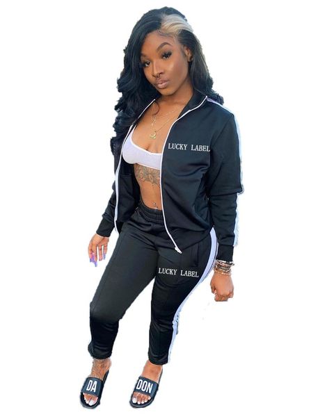 

women's two piece pants lucky label 2 set women tracksuit zip jacket sweatshirt side stripe sweatsuits sport loungewear outfits, White