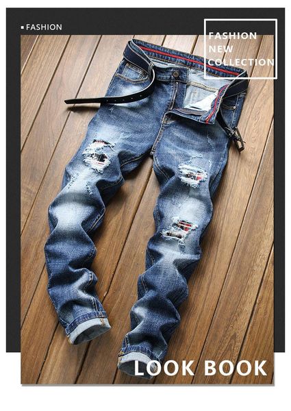 

men's hole patch elastic slim feet fashion trend trousers jeans, Blue