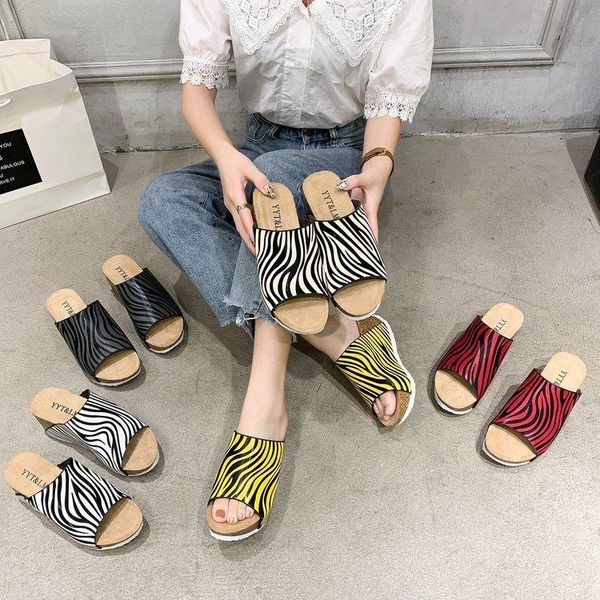 

large slope heel sandals women's 2021 striped thick soled summer one line slippers, Black