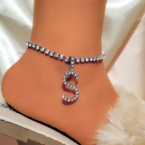 

anklets summer beach rhinestone letters initial bracelet for women shiny crystal anklet on leg sandals foot chain boho jewelry, Red;blue