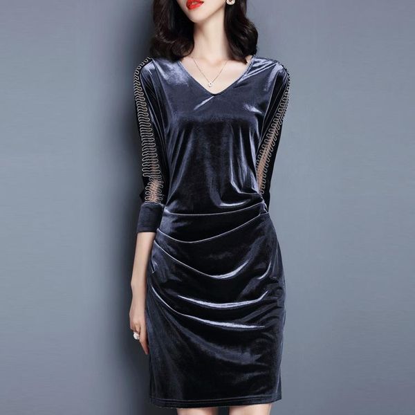 

casual dresses women's clothing 2021 autumn evening party dressss retro velvet stitching long section v-neck pocket hip dress women, Black;gray