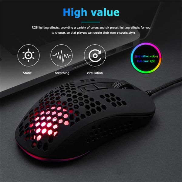 

gaming mouse lightweight hollow honeycomb hole rgb backlight usb wired optical mice for computer black white pink