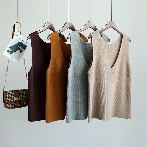 

women's sweaters autumn v-neck vintage sleeveless vest women cotton linen casual slim knitted sweater fashion all-match loose pullover, White;black