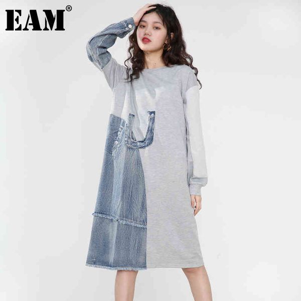 

[eam] women blue denim big size contrast color dress round neck long sleeve loose fit fashion spring autumn 1dd474702 21512, Black;gray