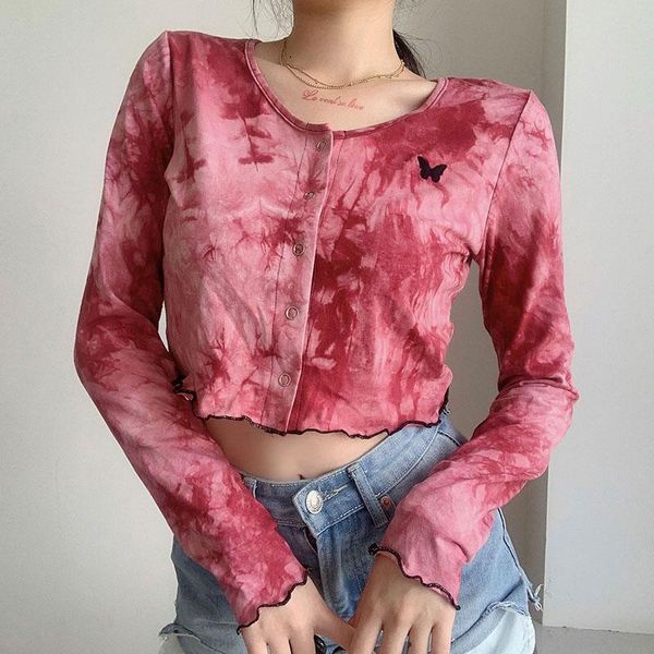 

women's t-shirt casual women long-sleeved cardigan fashion tie-dye round neck fall ladies butterfly print slim lace crop, White