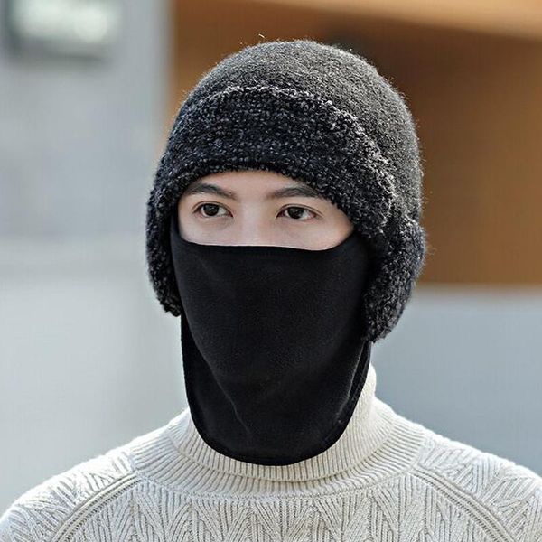

beanies winter skullies for men earmuffs woolen mask cap plus velvet thick masked ski hat