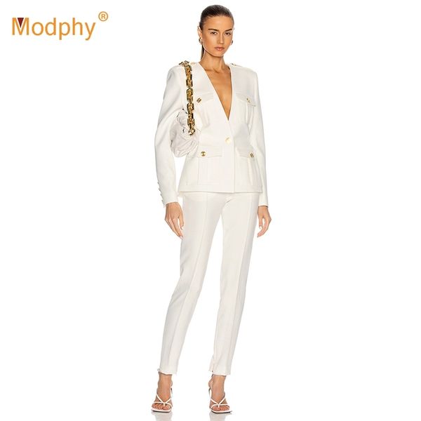 Primavera Outono Branco Elegante Mulheres 2 Parte Set Manga Longa Jaqueta Calças Terno Ol Runway Feminino Roupas 210527