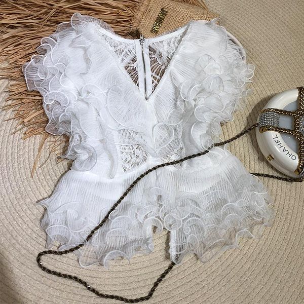 

women's blouses & shirts women 2021 summer mesh stitching lace shirt slim short-sleeved blouse ladies blusas femme, White