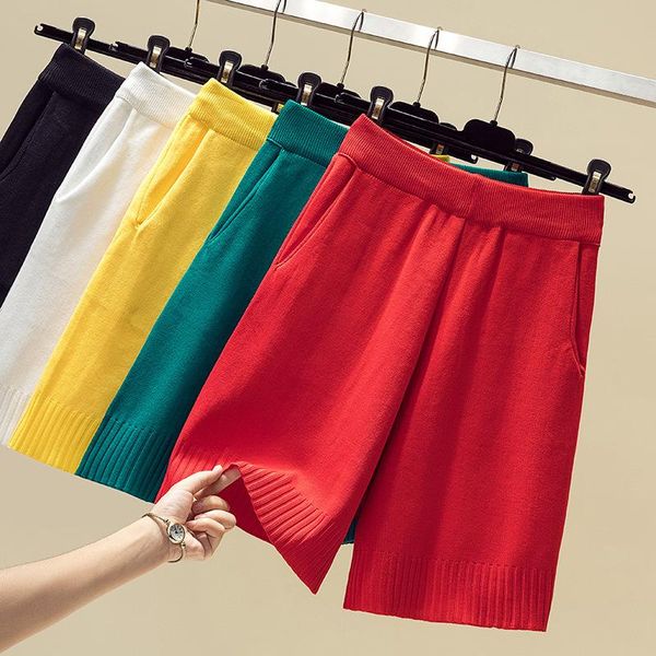 

summer autumn women short pants knitting trousers high elastic waist casual sweatpants loose straight knitted women's & capris, Black;white