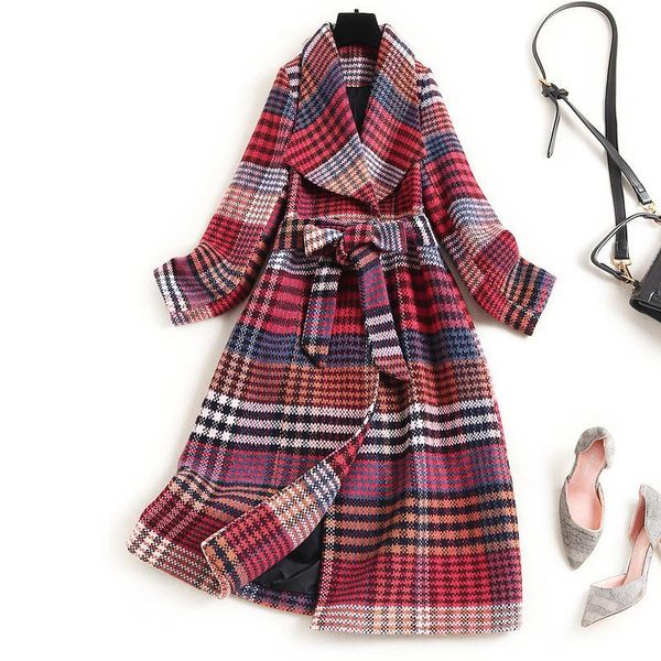 

women's wool & blends 2021 fashion women autumn winter coat elegant turn down collar vintage plaid long woolen jackets overcoat outerwe, Black