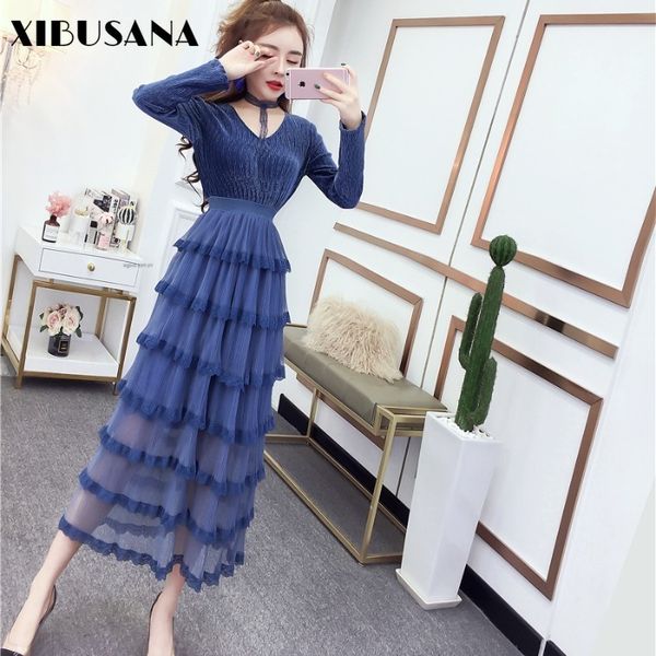 

autumn women style long sleeve solid color pleated cake dress halter high waist v-neck lace mid calf dresses 210423, Black;gray