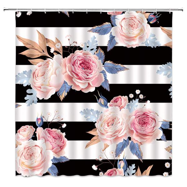 

sztnsm pink flower shower curtain black and white striped fabric rose floral butterfly green leaves, 70x70 inch polyester fabric