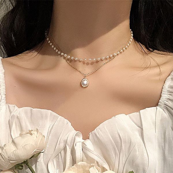 

designs cute double layers gold color fashion choker for women girl imitation pearl pendant simple necklace chocker collar collier femme, Golden;silver