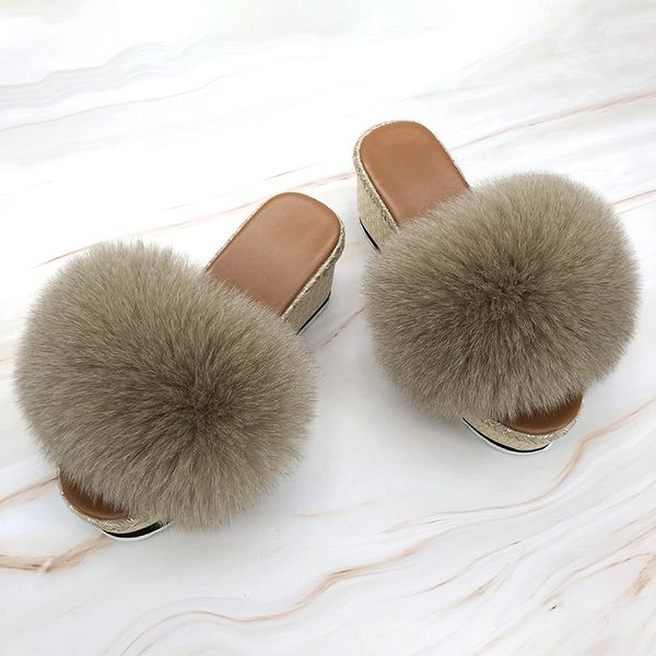 

slippers platform heels pumps women real fur wedges shoes for luxury 2021 summer high heel, Black