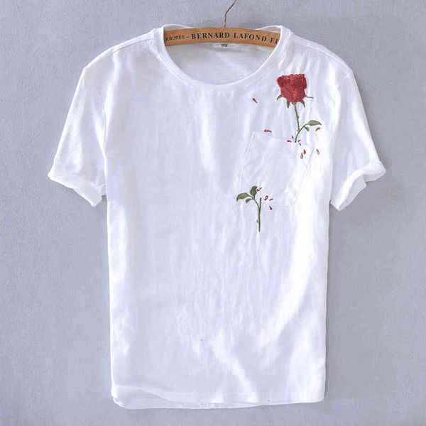 

men's t-shirts summer casual linen short-sleeved t-shirt men white embroidery quick-drying cotton t shirt mens fashion tshirt chemise, White;black
