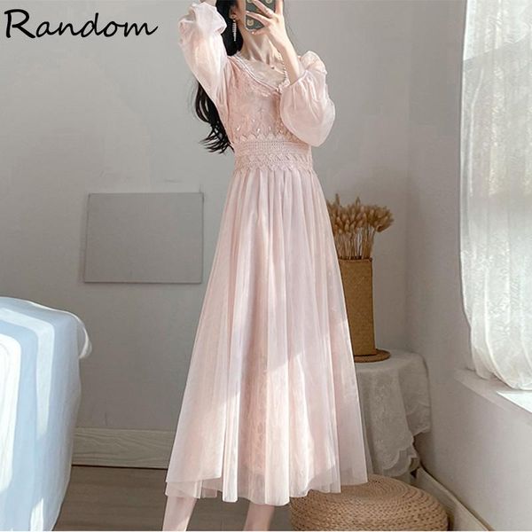 

casual dresses autumu vintage party embroidery lace dress for women 2021 lantern long sleeve v neck elegant mesh midi pink, Black;gray