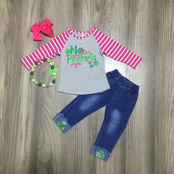 

baby girls st patrick clothes jean outfits clover raglan no pinching shirt with children outfit accessories, White