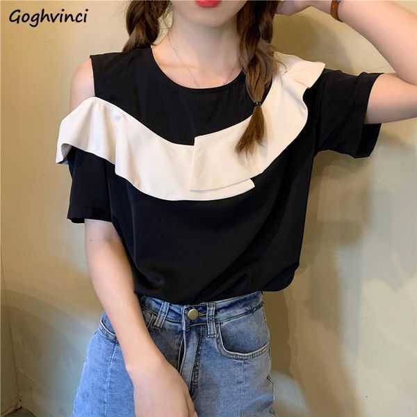 

women's blouses & shirts women ruffles butterfly short sleeves asymmetrical patchwork chiffon off shoulder designed loose korean style, White