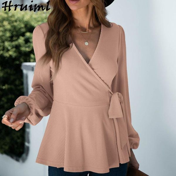 

women's blouses & shirts fashion women 2021 casual long sleeve v neck bandage solid color blouse for spring autumn streetwear ladies, White