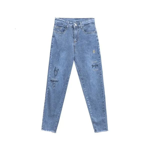 

women's jeans jeans embroidered with three stitches, small, spring and fall jeans, plus size, fair, high waist, straight, pants, Blue