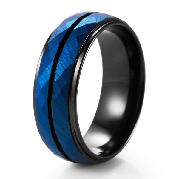 

tungsten wedding band black & blue brushed hammer carbide ring 8mm faceted men women engagement comfort fit rings, Slivery;golden
