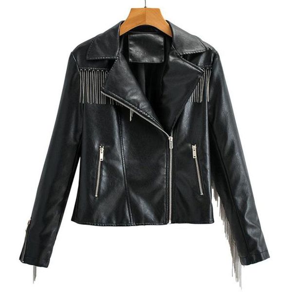 

women's jackets seebeautiful tassel spliced loose pu jacket coat lapel long sleeve zipper fashion 2021 autumn winter women g749, Black;brown