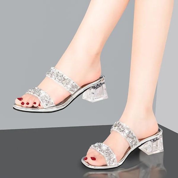 

silver rhinestone high heels womens slippers elegant square heel peep-toe low-heeled sandals designer hollow ladies slides, Black