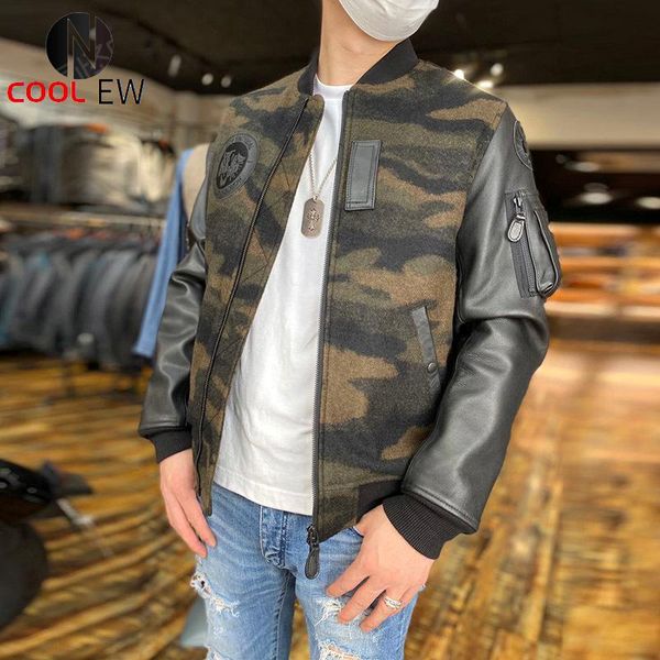 

men's jackets 300 super offer big us size genuine sheep skin sleeve wool jacket mens casual camouflage coat, Black;brown