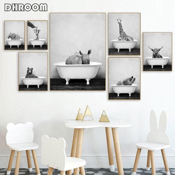 

paintings baby animal poster panda giraffe elephant in bathtub canvas painting nursery wall art nordic picture kid room decoration