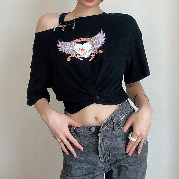 

women's t-shirt tshirt women summer round neck short sleeve one shoulder off fashion heart printed harajuku t shirt, White