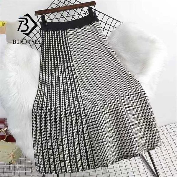

autumn winter women houndstooth patchwork 80cm midi skirts elastic high waist pleated vintage casual fashion skirt lady b17702x 211214, Black