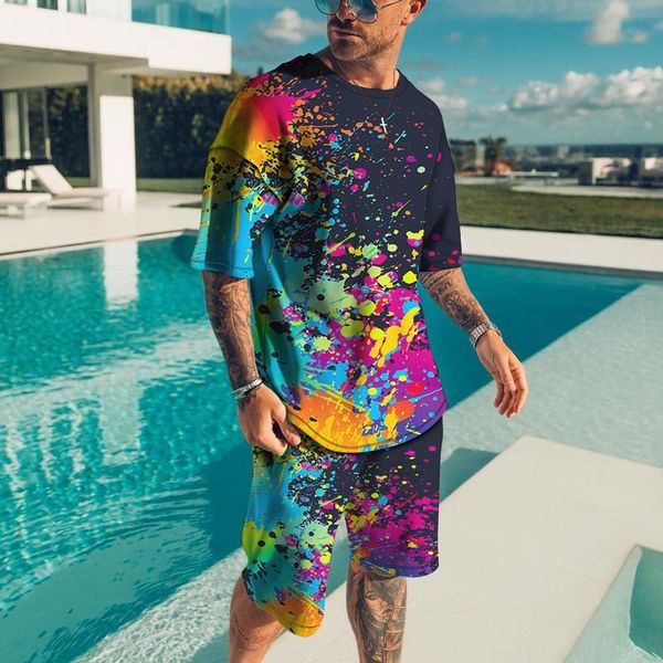 

men's tracksuits t-shirt set retro camouflage splash ink 3d printing short-sleeved shorts summer hip-hop fashion and women's sport, Gray