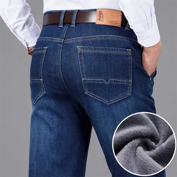 

classic style winter men's warm business jeans fashion casual denim stretch cotton thick fleece pants male brand trousers 211111, Blue