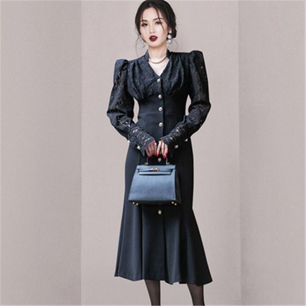 

casual dresses elegant lace patchwork flower long party dress women high waist sleeve evening mermaid midi female classy formal, Black;gray