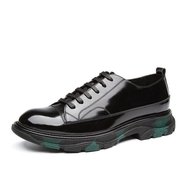 

dress shoes trendy patent leather casual business height increase flat men leisure party mens round toe lace-up daily work, Black