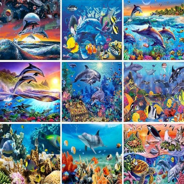 

paintings gatyztory painting by numbers dolphin underwater world animals draw number on canvas framed handpaint kits wall art decor