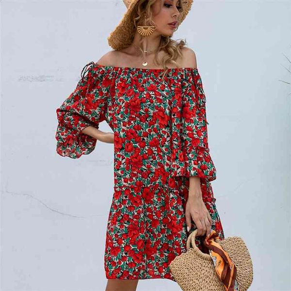

summer loose slash neck off-shoulder printed dress women's half-sleeve shirt a-line beach style mini es 210508, Black;gray